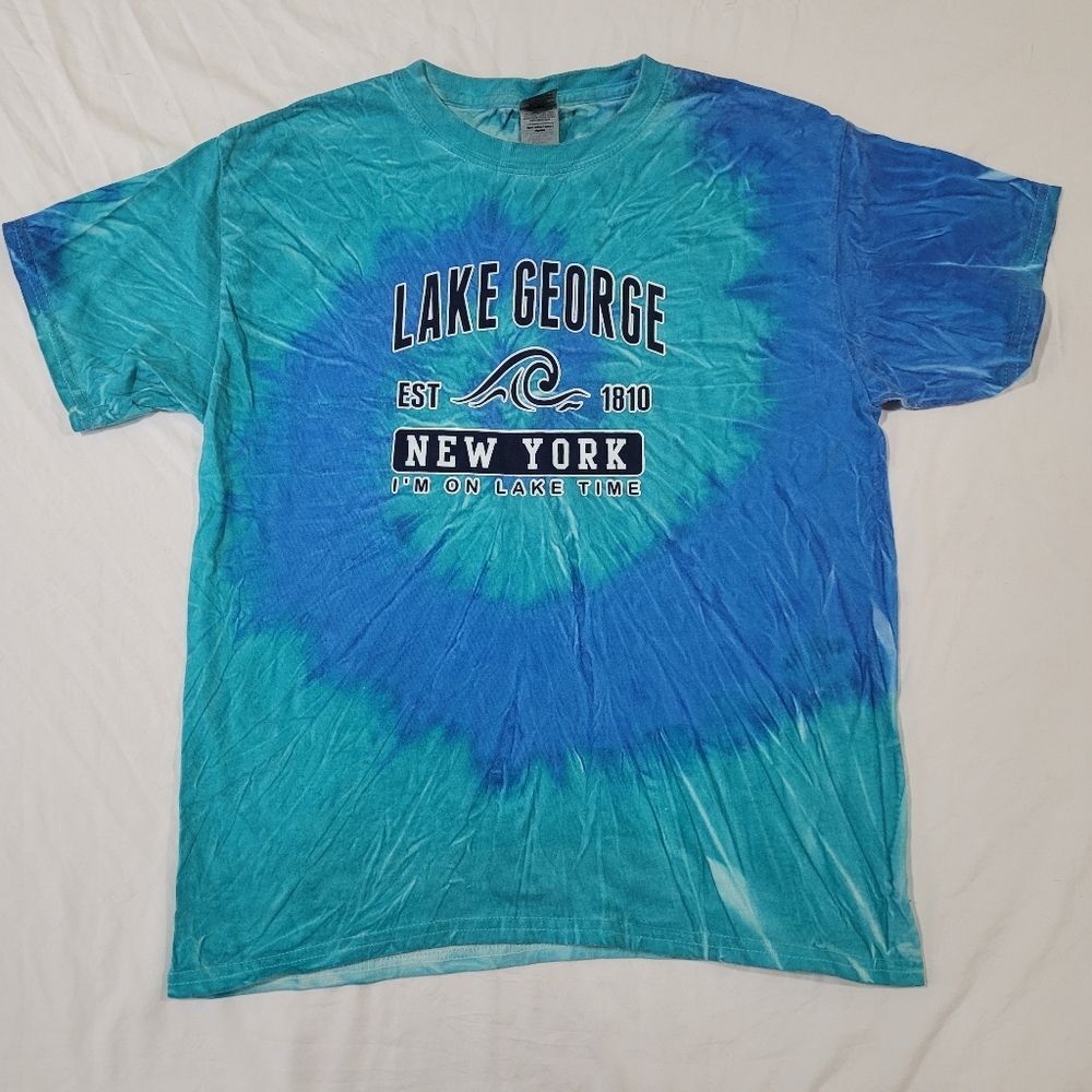 Gildan Size Large Youth Lake George Teal Blue Tie-Dye Short Sleeve T-Shirt